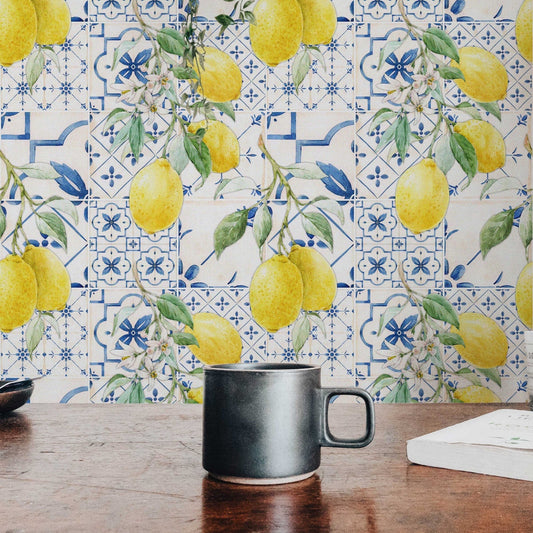Hand-Drawn Watercolor Lemons and Blue Sicilian Style Tiles Removable Wallpaper | Self-Adhesive Wall Mural for a Temporary Feature Wall Décor