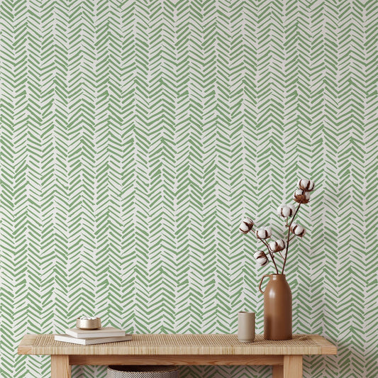 Green Chevron Wallpaper Peel and Stick | Self Adhesive Herringbone Wall Paper | Geometric Removable Wall Decor | Minimalistic Boho Tribal