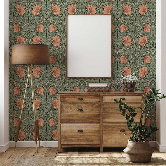 William Morris Pimpernel Pattern Peel and Stick Wallpaper Self-Adhesive Removable Wallcovering Fabric & Light Canvas Texture Wall Murals