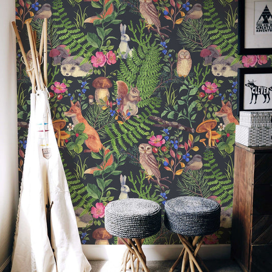 Watercolor Forest Animals and Plants Self Adhesive Wallpaper | Peel and Stick Wall Decor | Woodland Cute Animals Design