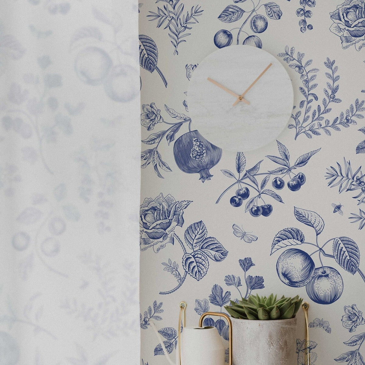 Blue Peach Botanical Wallpaper | Removable Peel and Stick | Custom Roll | Self Adhesive | Country Style Decor