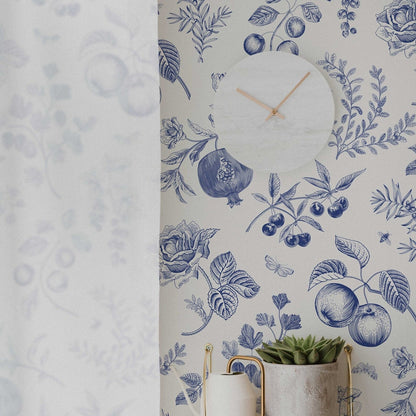 Blue Peach Botanical Wallpaper | Removable Peel and Stick | Custom Roll | Self Adhesive | Country Style Decor