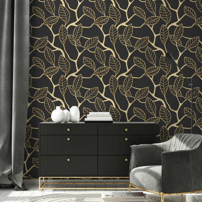 3D Gold Leaf Removable Wallpaper | Art Deco Wall Mural | Dark Art Deco Wall Decor