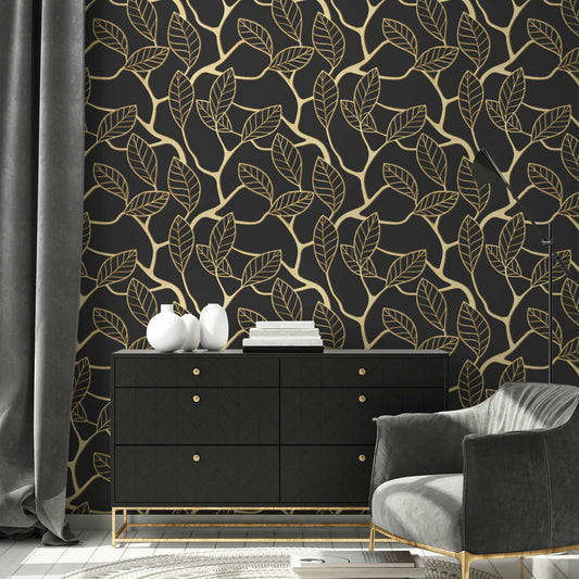 3D Gold Leaf Removable Wallpaper | Art Deco Wall Mural | Dark Art Deco Wall Decor
