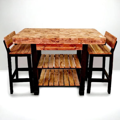 Butcher Block Scratchproof Kitchen Dining Table & 2 Chairs Set With Storage Draws Shelves