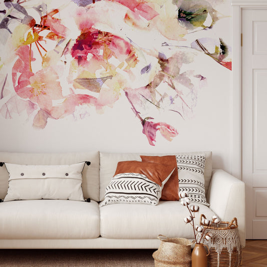 Spring Floral Removable Wallpaper | Watercolor Wall Mural | Peel and Stick Material | Flowers Art Print | Romantic Bedroom Decoration | Pink