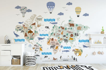 Animal World Map Decal - Informative Peel and Stick Map Decal