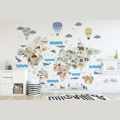 Animal World Map Decal - Informative Peel and Stick Map Decal
