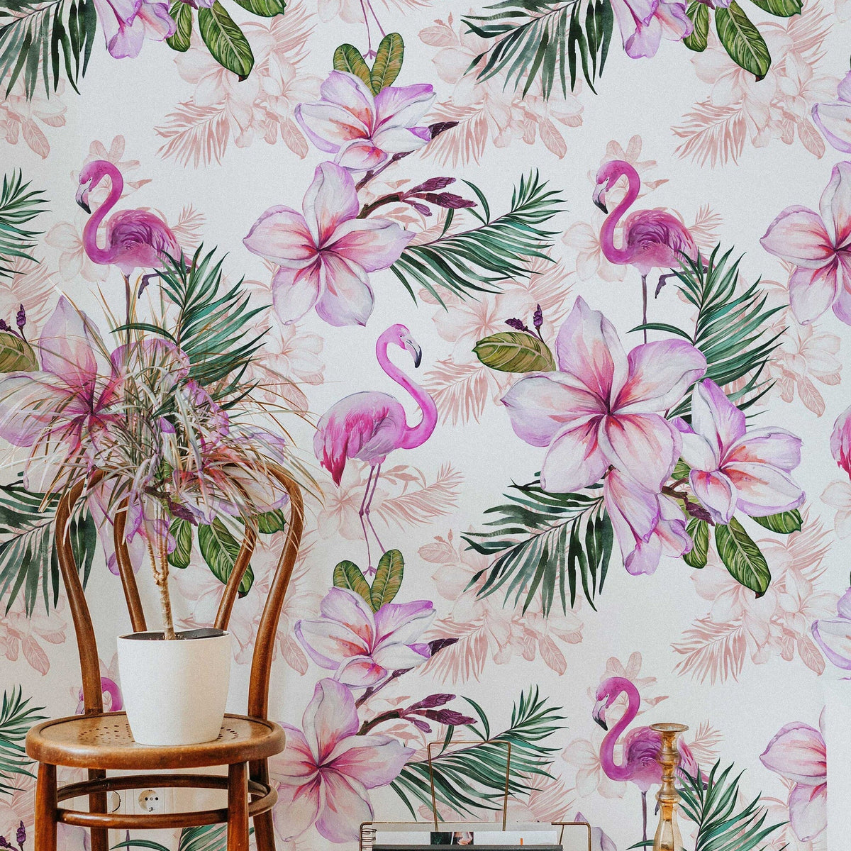 Pink Flamingo Floral Wallpaper | Pink Nursery Peel and Stick Removable Wallpaper | Baby Girl Blushing Pink Flamingo & Floral Décor