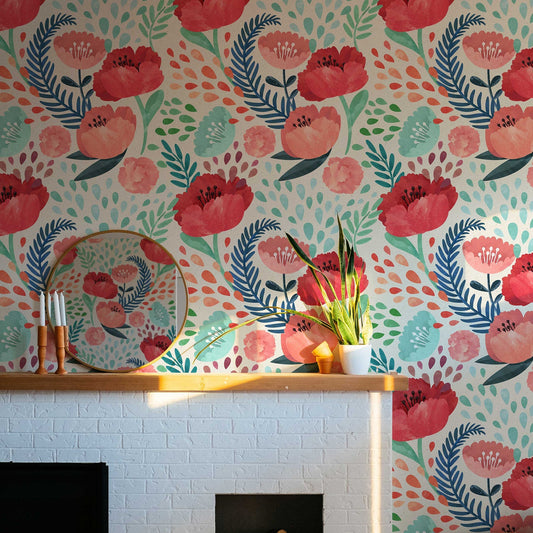 Red Poppy Flowers Wallpaper, Peel and Stick Wallpaper, Wall Mural, Self Adhesive Wallpaper, Pre-Pasted, Wall Art, Nursery Decor, Floral Wall
