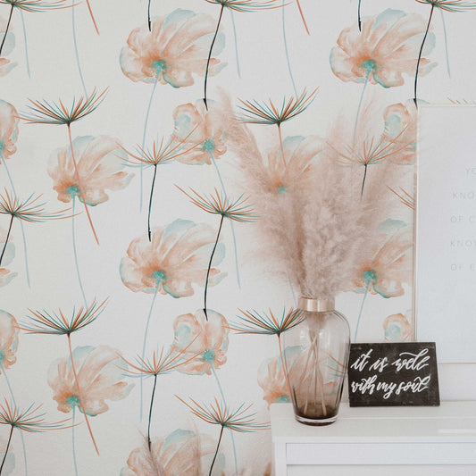 Dandelion Flowers Wallpaper | Custom Color Teal Floral Pattern | Peel and Stick Removable Wallpaper For All Rooms | Self Adhesive Mural