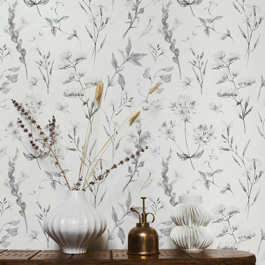 Delicate Wildflowers Wallpaper | Soft Shades of Grey Floral Pattern Peel and Stick Removable Wallpaper All Rooms | Self Adhesive Mural