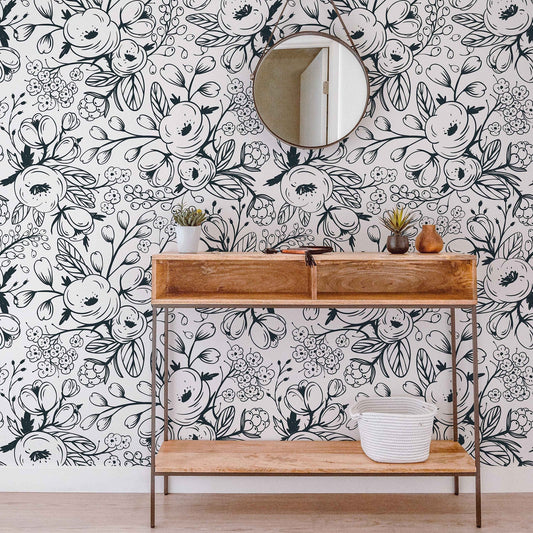 Black and White Spring Floral Wallpaper | Nursery Wall | Mural | Removable Wallpaper | Children Wall | Art | Meadow | Doddle