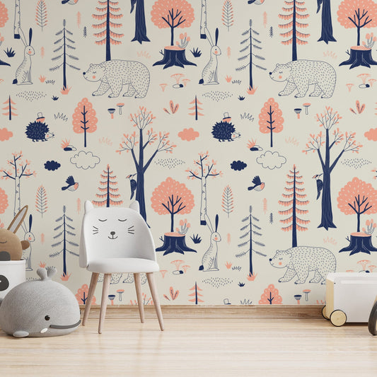 Woodland Animals Kids Room Wallpaper | Forest Nursery Wall Mural | Rabbit Wallpaper Watercolour Wall Décor Nursery