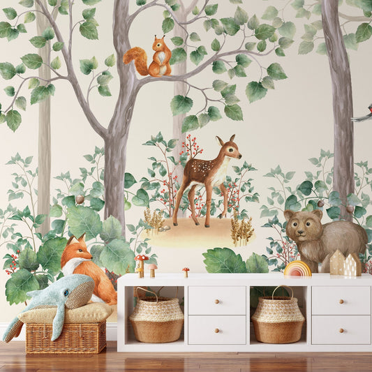 Kids Wallpaper Peel and Stick | Kids Watercolor Forest Wall Mural