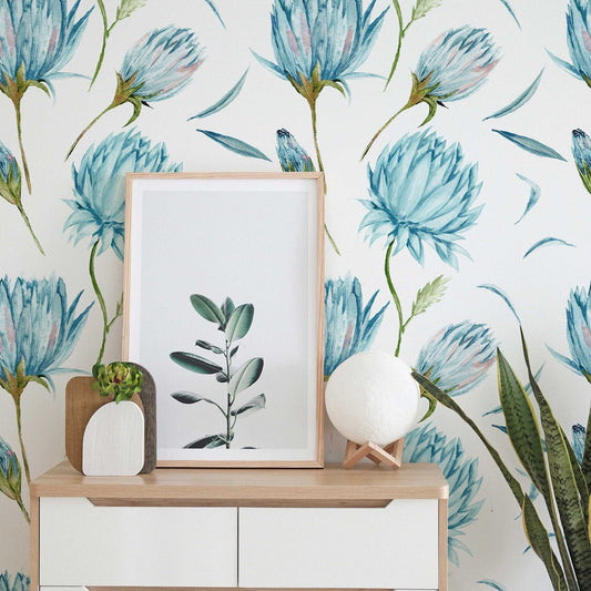 Blue Flowers Wallpaper | Green Leaves Nature Wall Art | Removable Wallpaper | Peel and Stick Wallpaper | Light Wallpaper | Home Decor