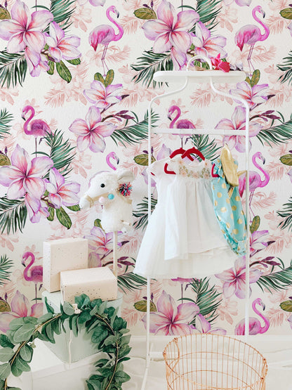 Pink Flamingo Floral Wallpaper | Pink Nursery Peel and Stick Removable Wallpaper | Baby Girl Blushing Pink Flamingo & Floral Décor