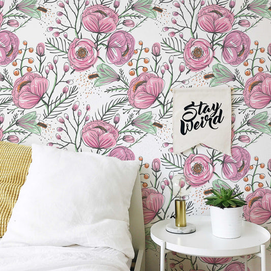 Purple Floral Wallpaper | Watercolour Flower Mural | Poppy Wallpaper