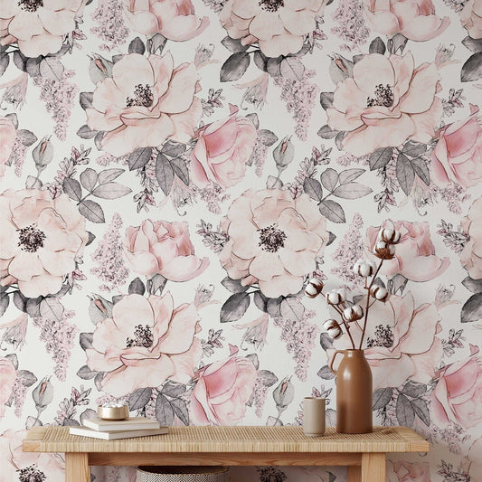 Soft Pink Abstract Roses Wallpaper | Floral Wallpaper Peel and Stick | Removable Wallpaper | Watercolor Wallpaper | Flower Wallpaper Mural
