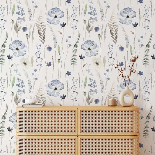 Blue Floral | Whispering Steal Blue Floral Wallpaper | Removable Peel & Stick Self-Adhesive Wallpaper