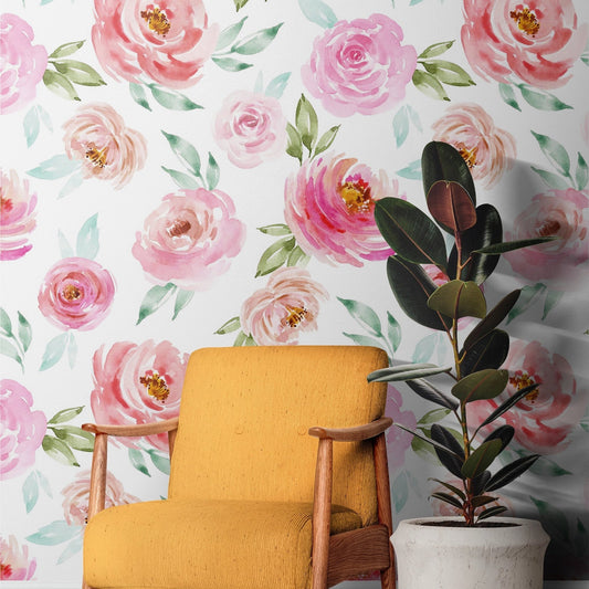 Soft Pink Roses Wallpaper | Floral Wallpaper Peel and Stick | Removable Wallpaper | Watercolor Wallpaper | Flower Wallpaper Mural