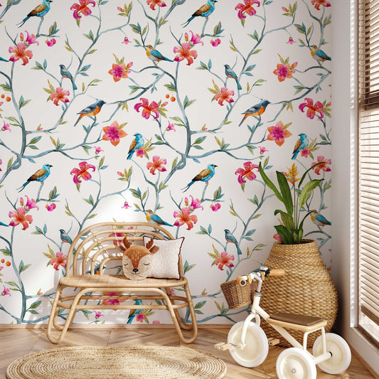 Floral Hummingbird Peel and Stick Wallpaper | Floral Wallpaper | Hummingbird Wallpaper | Vintage Look Wallpaper | Floral Home Decor