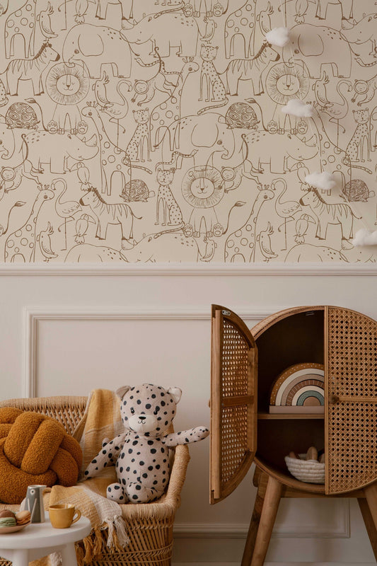 Cute Hand Drawing Safari Animals Wallpaper, Monochrome Animals Kids Wall Mural, Nursery Cartoon Animals Wallpaper, Peel and Stick, Removable