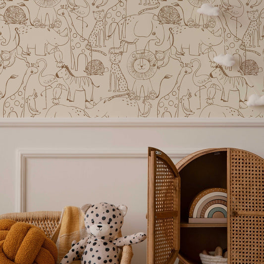 Cute Hand Drawing Safari Animals Wallpaper, Monochrome Animals Kids Wall Mural, Nursery Cartoon Animals Wallpaper, Peel and Stick, Removable