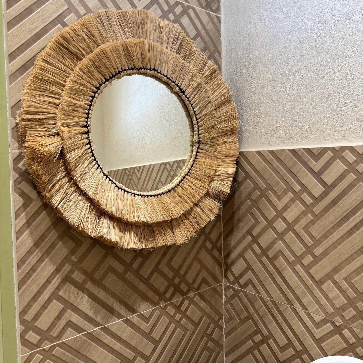 Maxlume ~ Handmade Round Wall Glass Mirror double contour cane raffia for an ultra trendy decoration | made by hand | 22 Inch