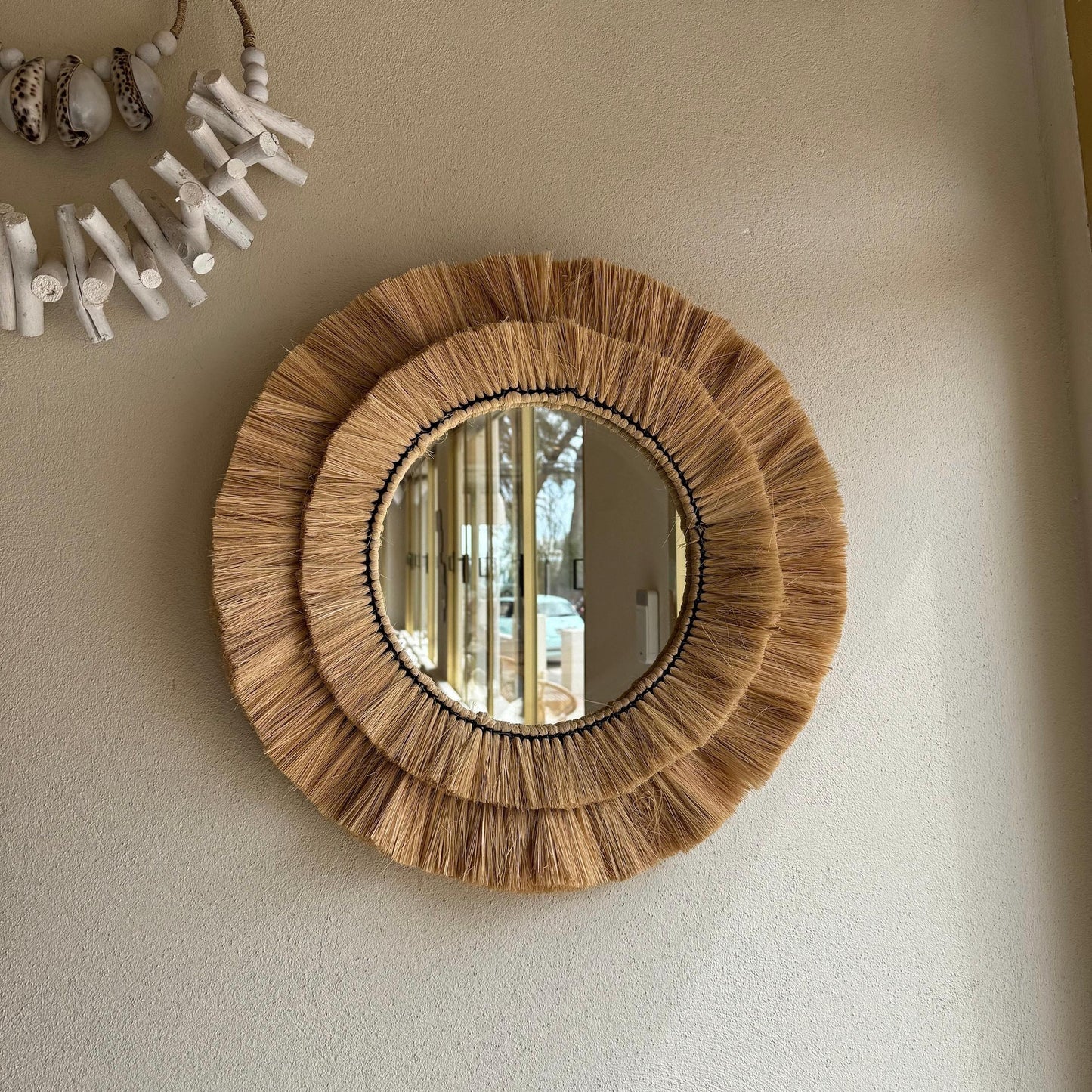 Maxlume ~ Handmade Round Wall Glass Mirror double contour cane raffia for an ultra trendy decoration | made by hand | 22 Inch