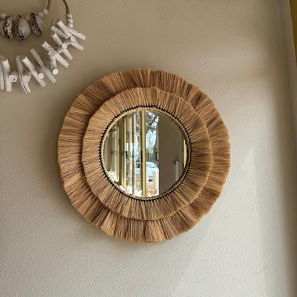 Maxlume ~ Handmade Round Wall Glass Mirror double contour cane raffia for an ultra trendy decoration | made by hand | 22 Inch