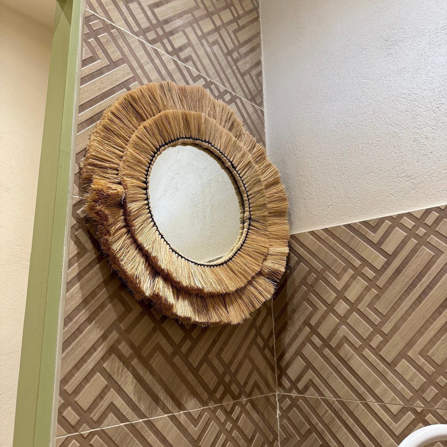 Maxlume ~ Handmade Round Wall Glass Mirror double contour cane raffia for an ultra trendy decoration | made by hand | 22 Inch