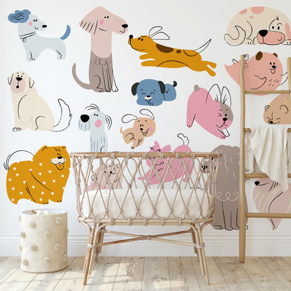 Hand Drawn Puppy Wall Decals: Baby Room Decor, Set of 16
