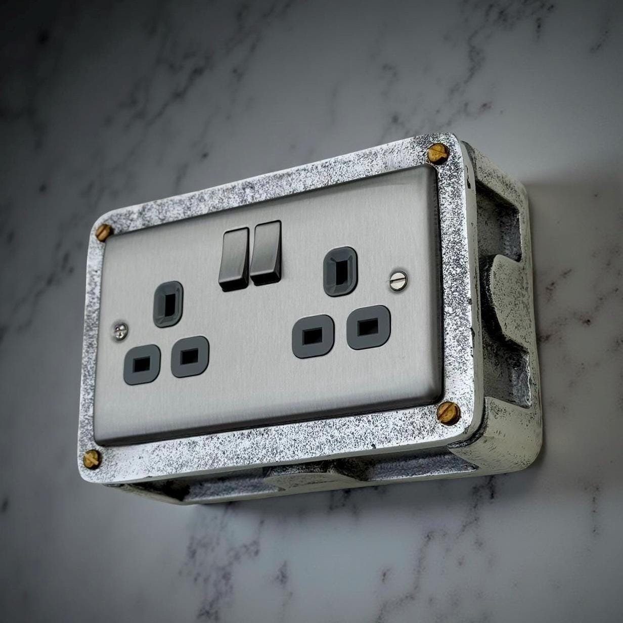 Brushed Steel Double Switched 13A Power Socket Grey Insert 230V 2 Gang 2G Socket Cast Metal Conduit Industrial