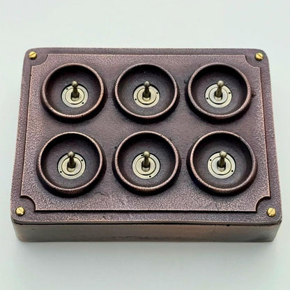 6 Gang 2 Way Antique Copper Solid Cast Metal Conduit Light Switch Industrial - Vintage Crabtree Style