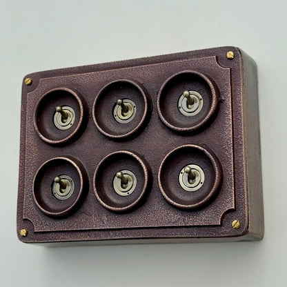 6 Gang 2 Way Antique Copper Solid Cast Metal Conduit Light Switch Industrial - Vintage Crabtree Style