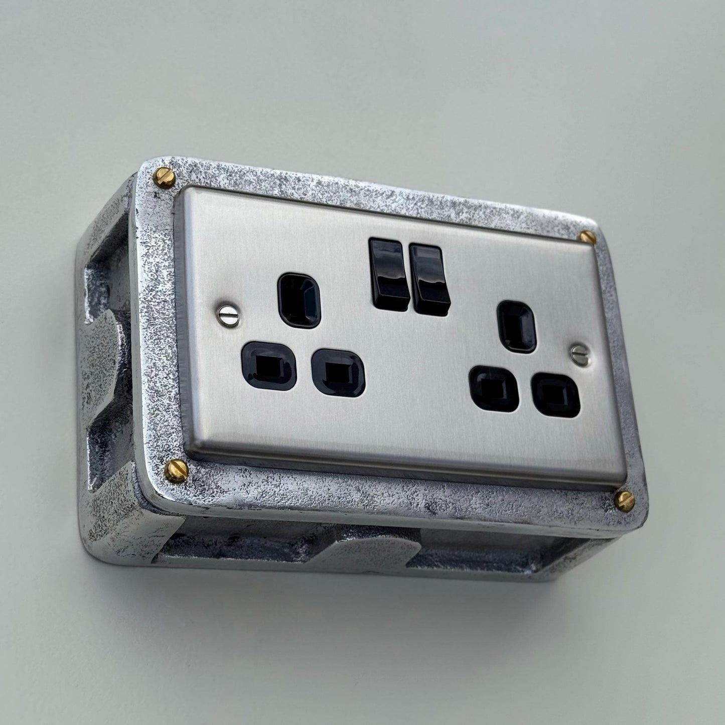 Brushed Steel Double Switched 13A Power Socket 230V 2 Gang 2G Socket Cast Metal Conduit Switch Industrial - BS EN Approved Vintage