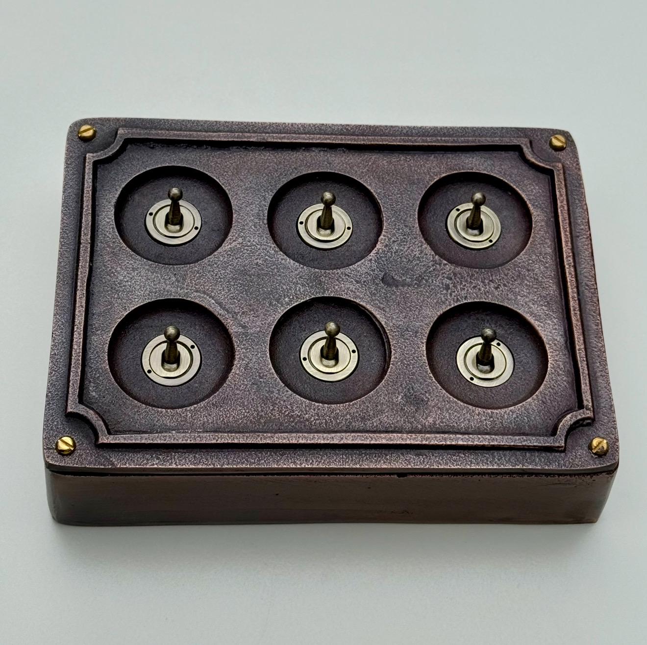 6 Gang 2 Way Antique Copper Solid Cast Metal Conduit Light Switch Industrial - BS EN Vintage Crabtree 1950’s Style