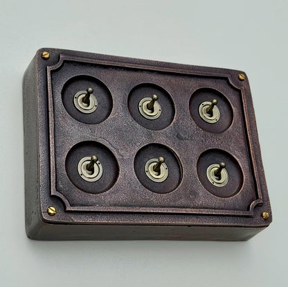 6 Gang 2 Way Antique Copper Solid Cast Metal Conduit Light Switch Industrial - BS EN Vintage Crabtree 1950’s Style