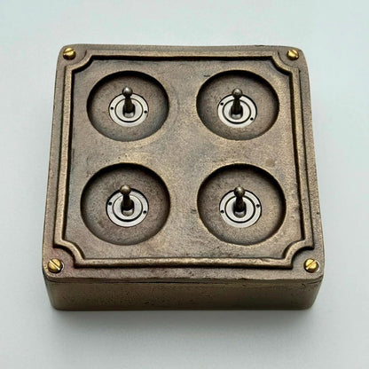4 Gang 2 Way Solid Antique Brass Bronze Metal Surface Mounting Conduit Light Switch Industrial - Vintage Britmac Style