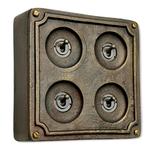 4 Gang 2 Way Solid Antique Brass Bronze Metal Surface Mounting Conduit Light Switch Industrial - Vintage Britmac Style