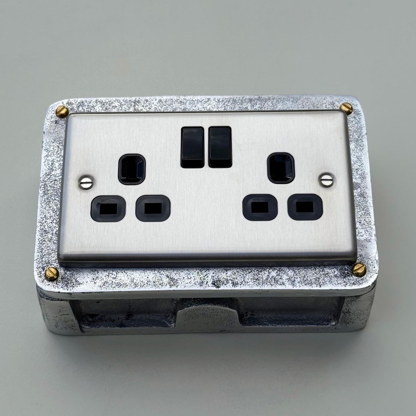 Brushed Steel Double Switched 13A Power Socket 230V 2 Gang 2G Socket Cast Metal Conduit Switch Industrial - BS EN Approved Vintage