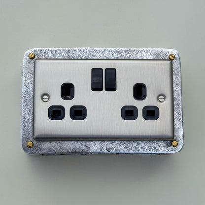 Brushed Steel Double Switched 13A Power Socket 230V 2 Gang 2G Socket Cast Metal Conduit Switch Industrial - BS EN Approved Vintage