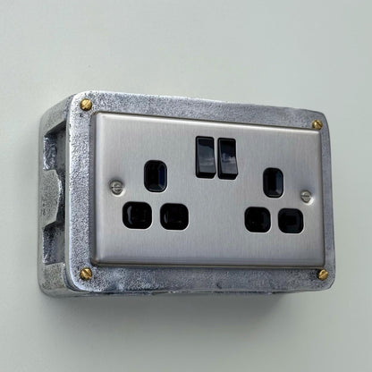 Brushed Steel Double Switched 13A Power Socket 230V 2 Gang 2G Socket Cast Metal Conduit Switch Industrial - BS EN Approved Vintage