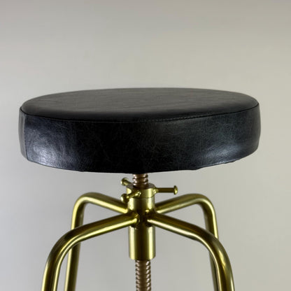 Patinated Brass Industrial Leather Bar Stool | Vintage Style | Solid Cast Metal | Floor Standing