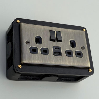 Antique Brass Double Gang Plug Socket with Industrial Black Cast Back Conduit Box