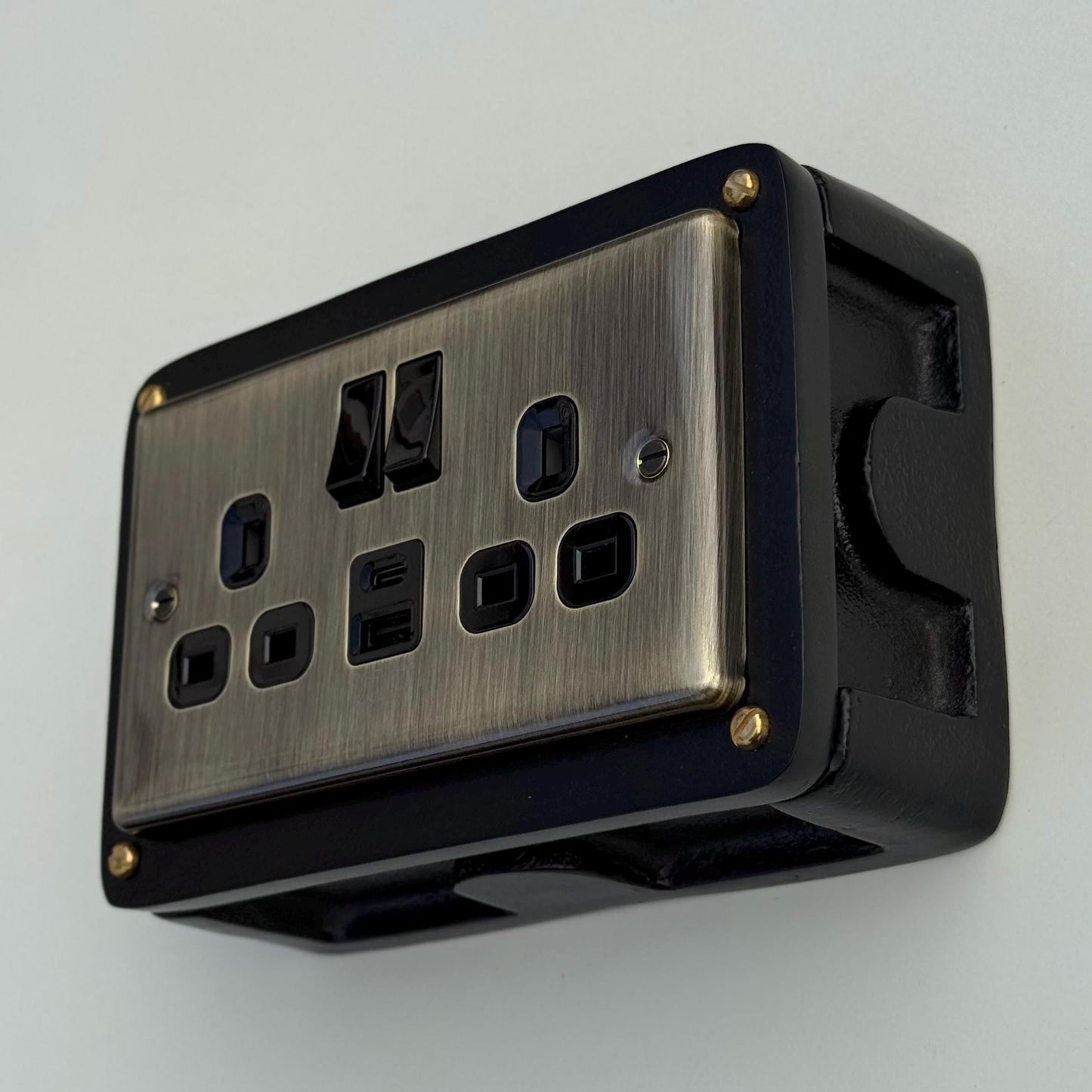 Antique Brass Double Gang Plug Socket with Industrial Black Cast Back Conduit Box