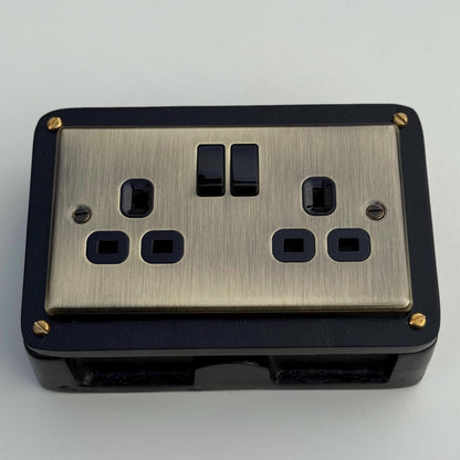 Antique Brass Double Gang Plug Socket with Industrial Black Cast Back Conduit Box