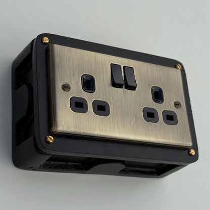 Antique Brass Double Gang Plug Socket with Industrial Black Cast Back Conduit Box