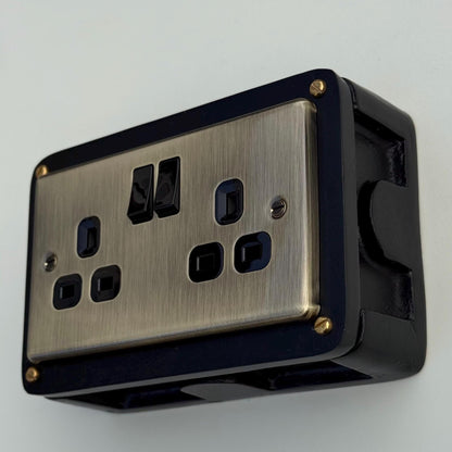 Antique Brass Double Gang Plug Socket with Industrial Black Cast Back Conduit Box